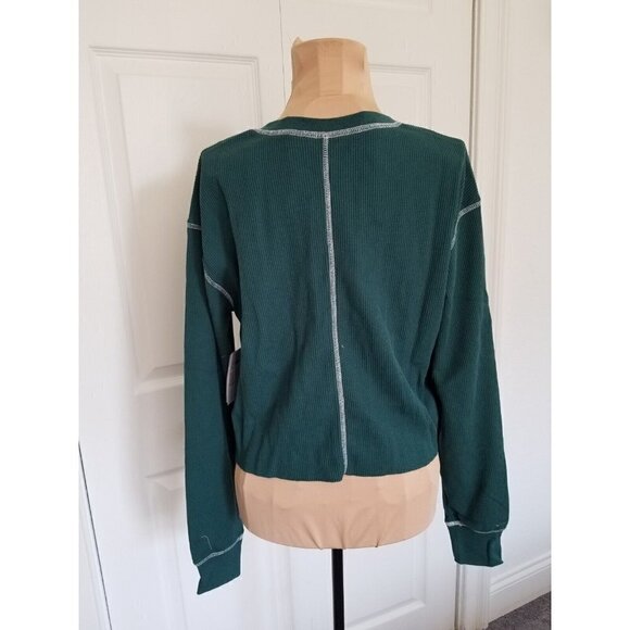 BP Women's Split Neck OSR Cropped  Thermal Knit Henley Shirt Green Moss Size S - Picture 2 of 7